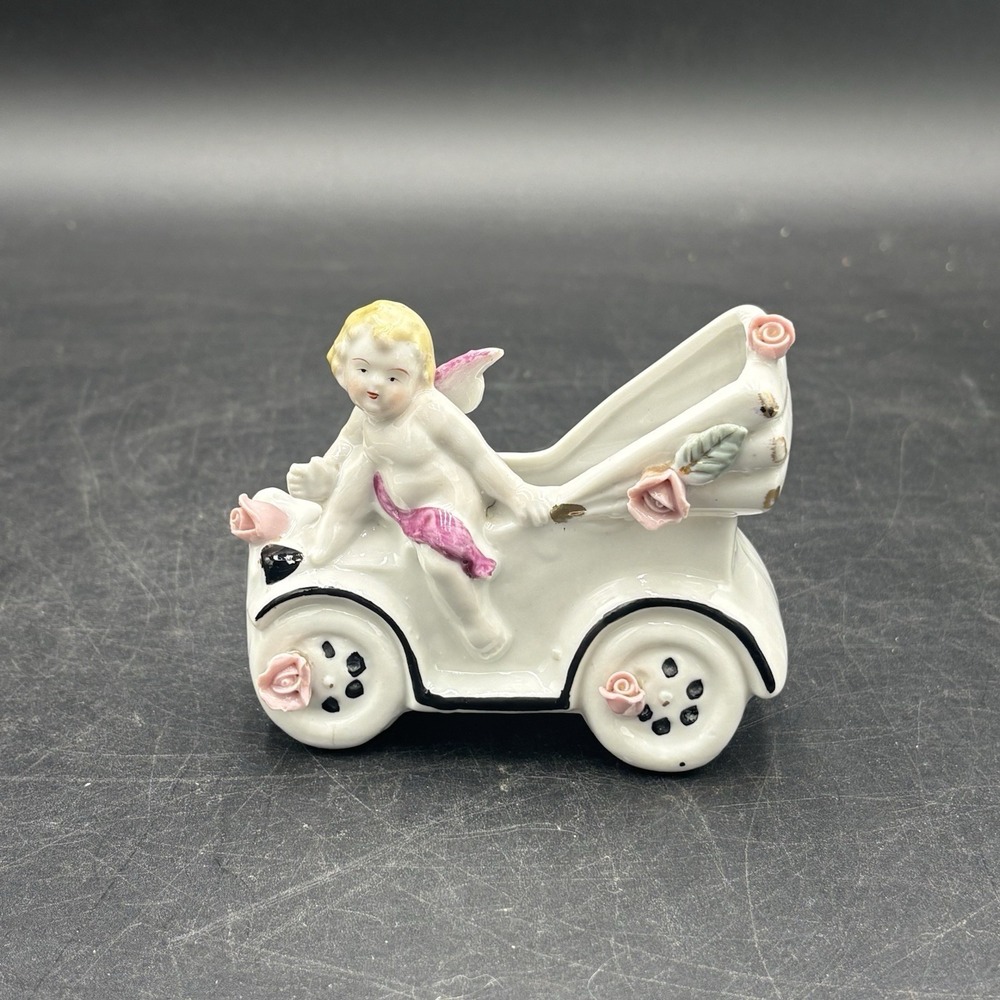 Vtg Cherub‎ Angel In Car Planter Ceramic White